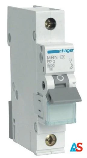 HAGER Wyłącznik nadprądowy 1P B 20A 6kA AC MBN120E